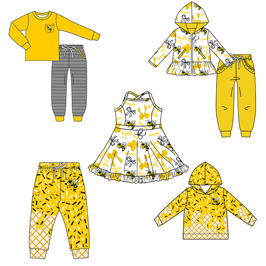 Custom moq 5 mix size milk silk summer teams baby girls clothes bow yellow hooded long sleeve pants sets and boy sets and dress and hooded top and pant-25.8.14