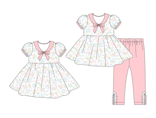 25.10.9 custom each style moq 8 eta 6-8week Sibling Sisters floral bow baby girl short sleeve pants sets and dress match family design