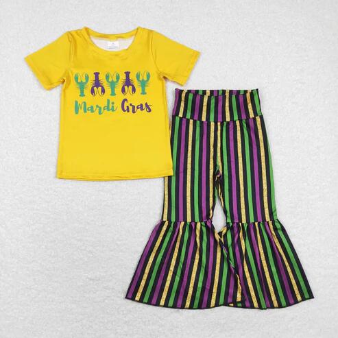 RTS NO MOQ Sibling Baby Girls Mardi Gras Top And Bell Bottom Stripe Pants for Infants