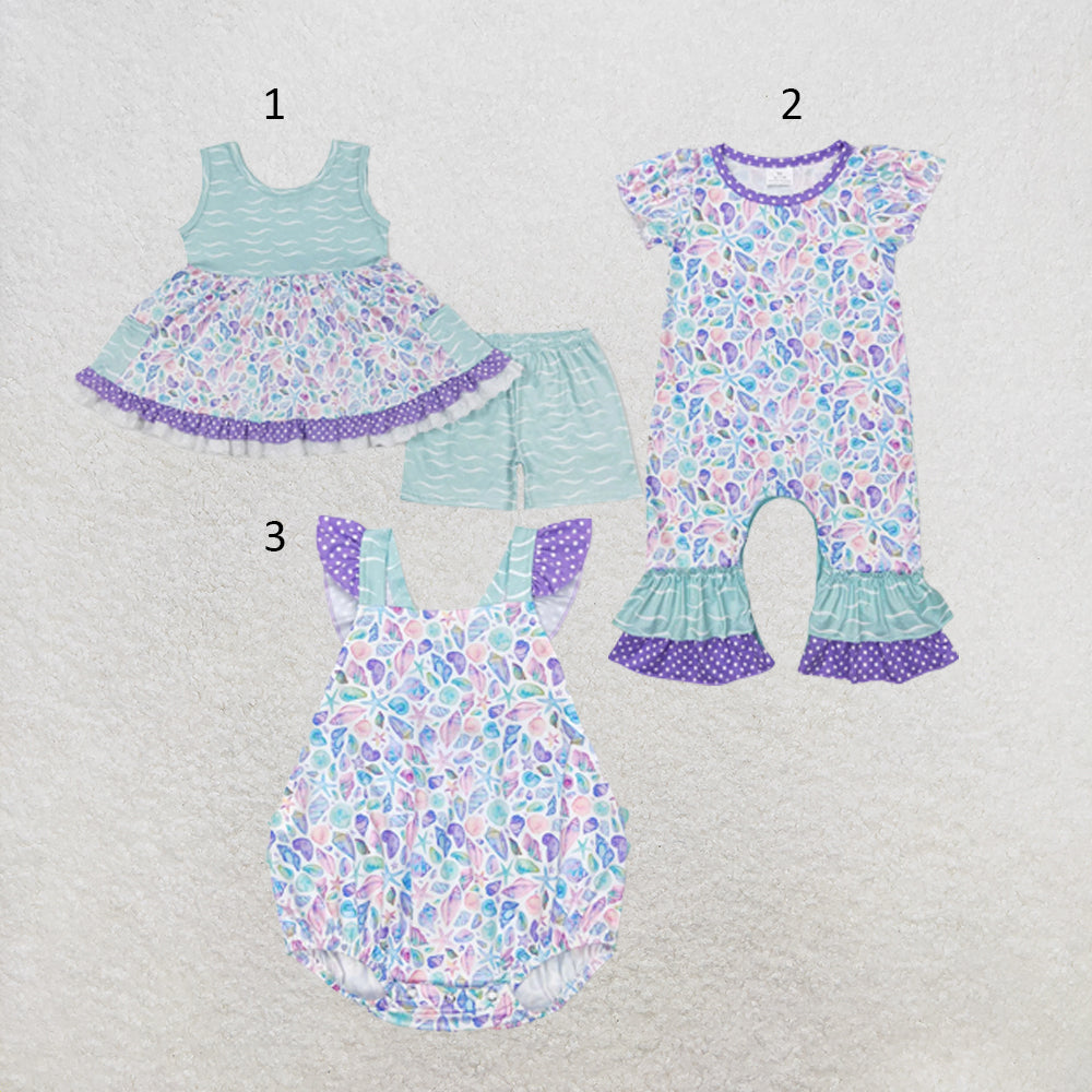 RTS NO MOQ Sibling milk silk Baby Girl Summer Seashell Sleeveless Top Shorts Set Rompers