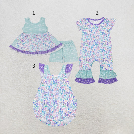 RTS NO MOQ Sibling milk silk Baby Girl Summer Seashell Sleeveless Top Shorts Set Rompers