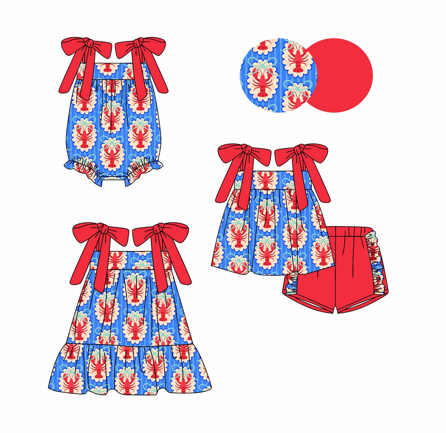 3.9 Custom moq 5 mix size Sibling Baby Girl's Blue Sleeveless Top And Red Short Set Matching Romper Dress for Summer
