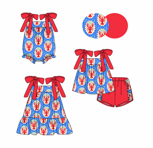 3.9 Custom moq 5 mix size Sibling Baby Girl's Blue Sleeveless Top And Red Short Set Matching Romper Dress for Summer