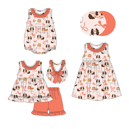 3.4 custom each style moq 5eta 4-6week Sibling Sisters puppy bow baby girl short sleeve shorts sets and dress and rompers match family design