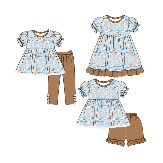 4.25 custom each style moq 5eta 4-6week Sibling Sisters boots baby girl short sleeve shorts sets and pants sets and dress match family design