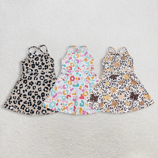 RTS NO MOQ Sibling Baby Girls Strap Knee Length Dresses  Leopard Shorts Casual Dresses for Little Girls