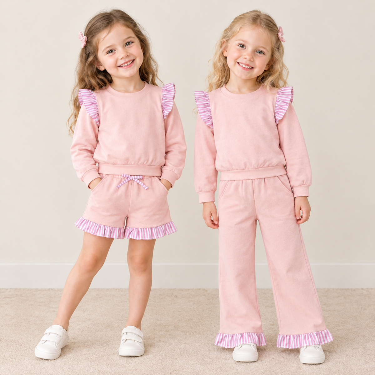 RTS NO MOQ Sibling milk silk Baby Girls Solid Peach Stripe Ruffle Long Sleeve Top Pant Short Set
