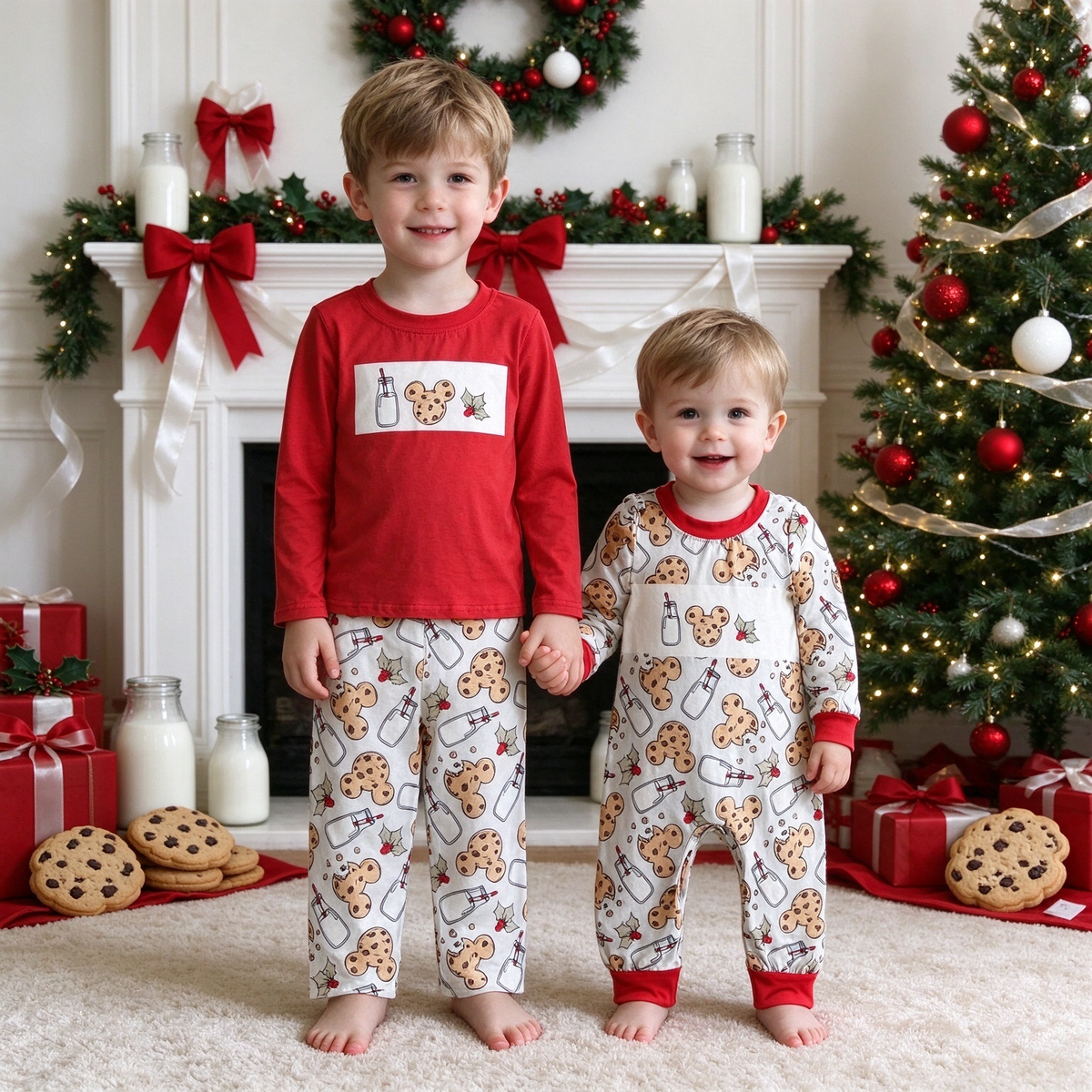 Milk & Cookie Brother Collection - Baby Boys Christmas Romper & Cookie Milk PJ Pants Set