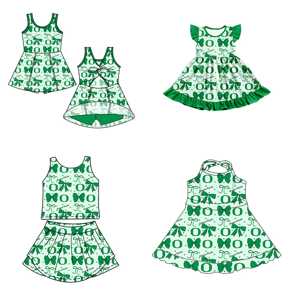 Custom moq 5 mix size milk silk summer teams baby girls clothes team bow green sleeveless skirts sets and dress 1 and dress 2 and dress 3-25.6.24