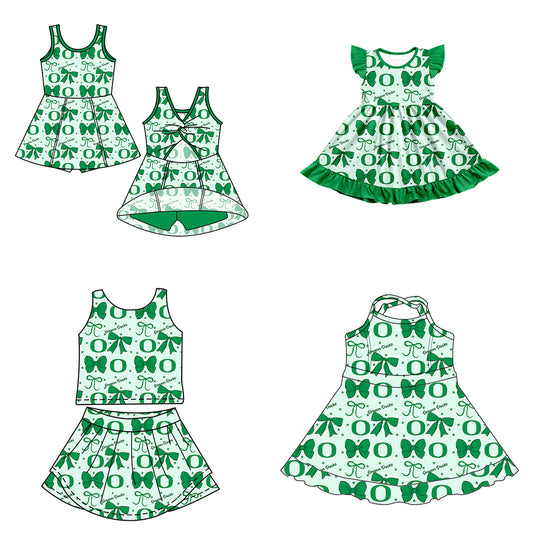 Custom moq 5 mix size milk silk summer teams baby girls clothes team bow green sleeveless skirts sets and dress 1 and dress 2 and dress 3-25.6.24