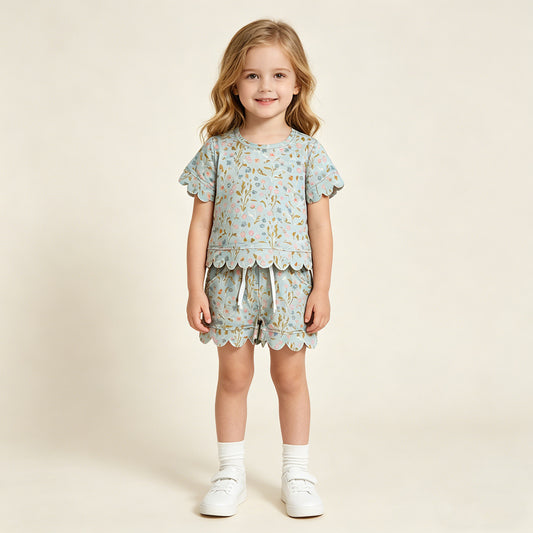 RTS NO MOQ GSSO3266 Baby Girls Summer Colorful Flowers Short Sleeve Top Scallop Pockets Shorts Set