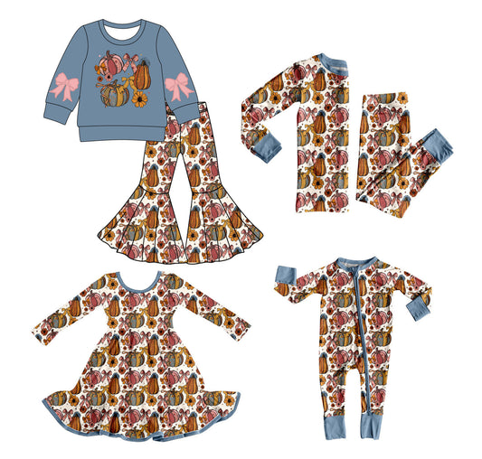 25.8.16 custom each style moq 5 eta 4-6week Sibling Sisters pumpkin baby girl long sleeve pants sets 1 and sets 2 and romper and dress match family design