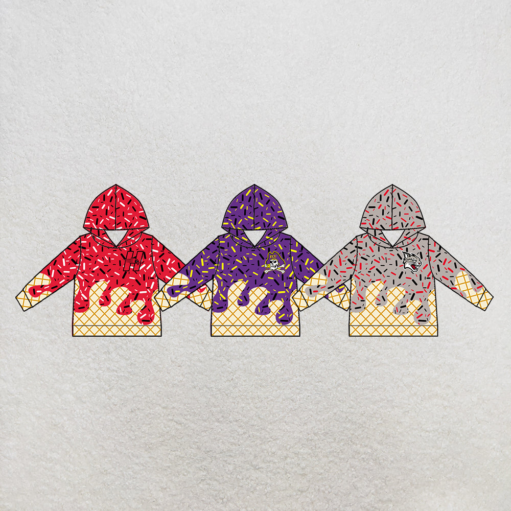 custom moq 5 mix size MSD082406 Baby Kids Red Sprinkle Ice Cream Drip Waffle Cone Print Hooded Sweatshirt Team Long Sleeve Pullover Top