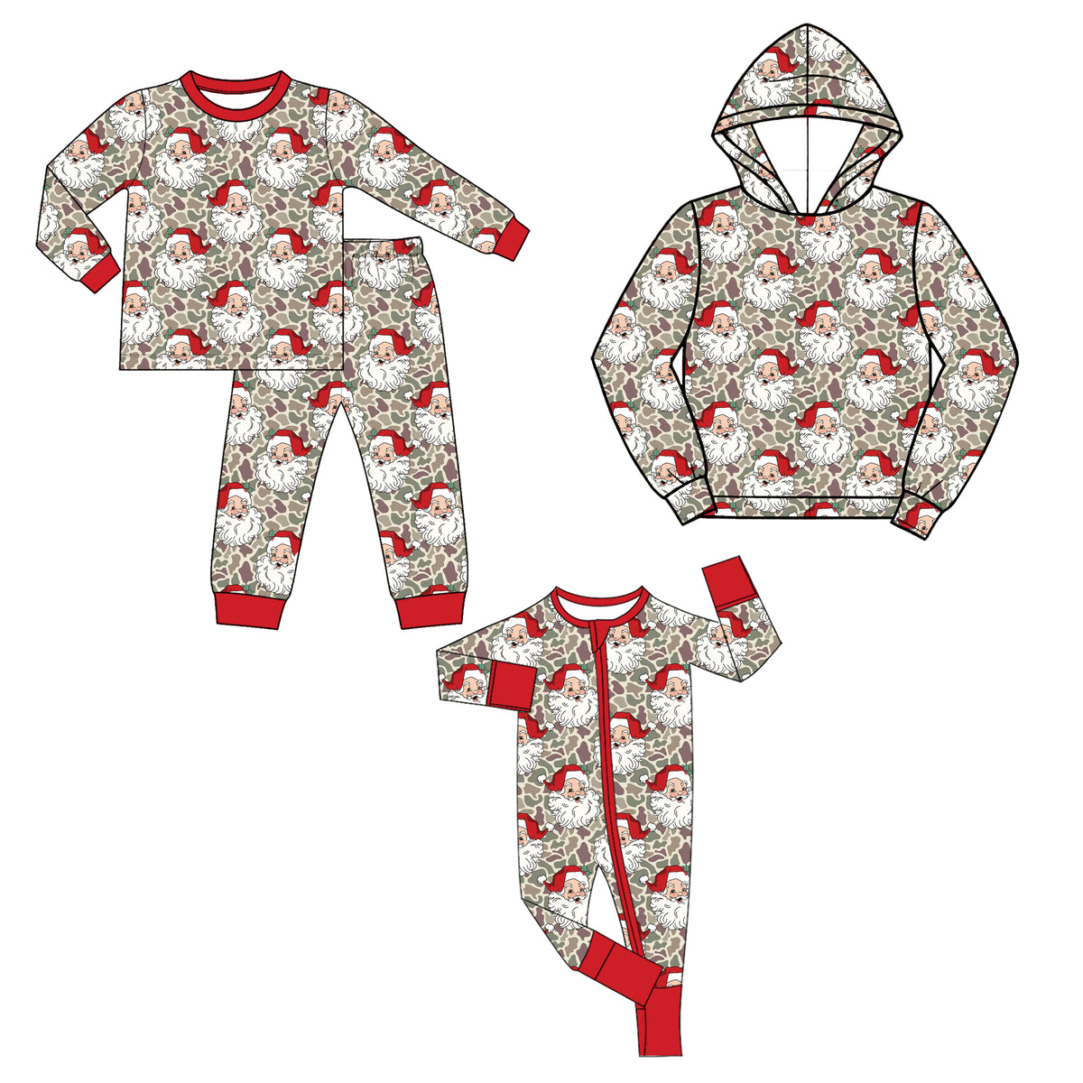 (Preorder new) No moq Baby Boys Santa Print Outfit Set Long Sleeve Pajama Set Hoodie Baby Zipper Romper Red Trim Christmas Holiday Clothes