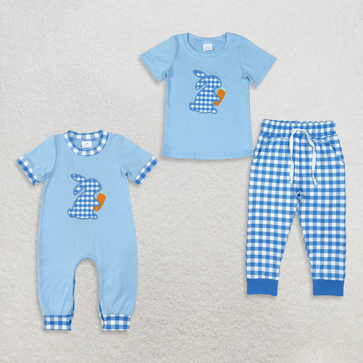 RTS NO MOQ Sibling milk silk Baby Boys Blue Gingham Bunny Carrot Embroidery Romper And Short Sleeve Top Pant Set