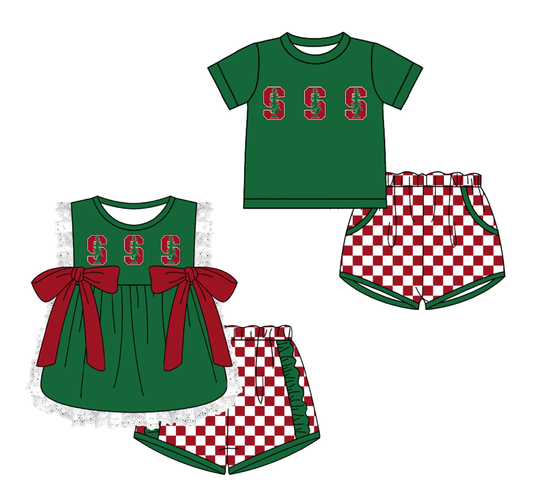 Custom moq 5 mix size milk silk summer teams Green Girl Sleeveless Top And Plaid Shorts Set with Bow Boy Short Sleeved Top And Plaid Shorts Set