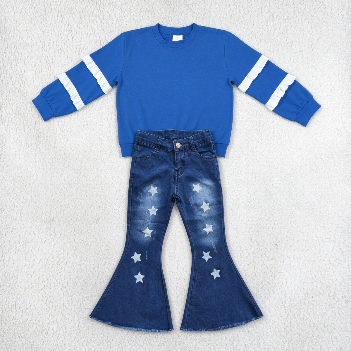NEW RTS NO MOQ Denim GT1860+ P0127 Baby Girls Royal Blue Ruffle Sleeve Top Stars Denim Bell Pants Set