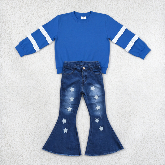 NEW RTS NO MOQ Denim GT1860+ P0127 Baby Girls Royal Blue Ruffle Sleeve Top Stars Denim Bell Pants Set