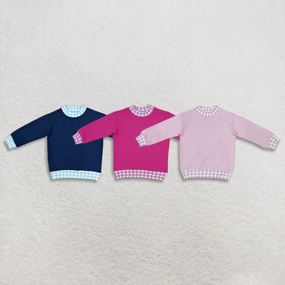 RTS NO MOQ Sibling fleece Baby Girls Solid Color Long Sleeve Sweatshirt With Gingham Check Trim Collar Cuff Hem