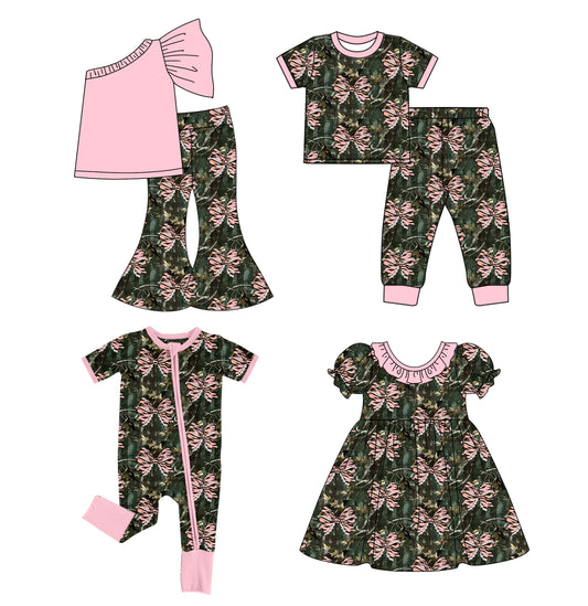 25.12.30 custom each style moq 5 eta 6-8week Sibling Sisters bow baby girl short sleeve pants sets 2 and dress and rompers match family design