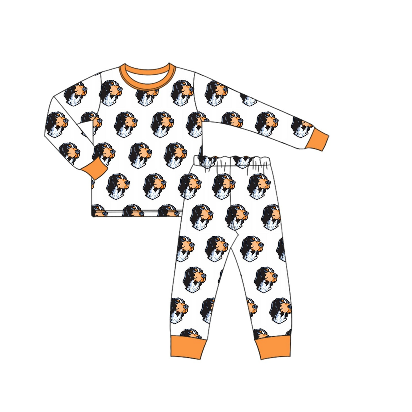 Deadline October 27 custom no moq eta 6-8weeks bamboo big ears puppy pattern orange long sleeve suit