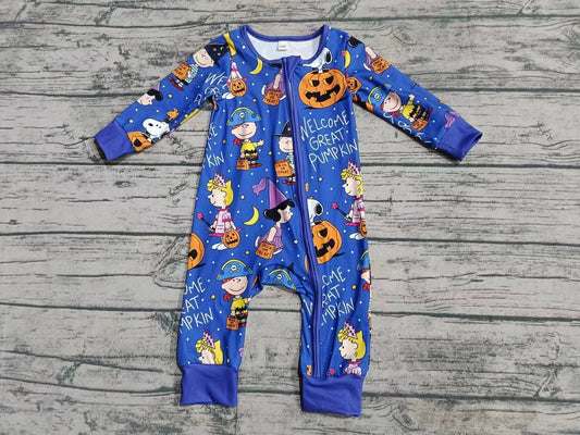 Custom moq 3 eta 6-7weeks  Halloween Pumpkin Little Girl Blue Long Sleeve Romper
