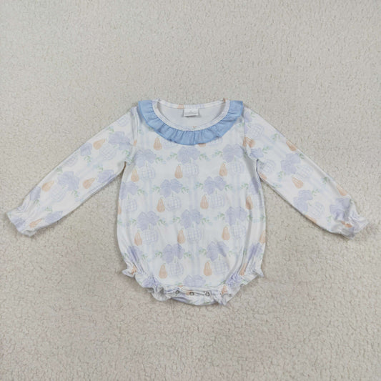 RTS NO MOQ（In Stock) LR2312 White long-sleeved bodysuit with blue lace and pumpkin bow pattern