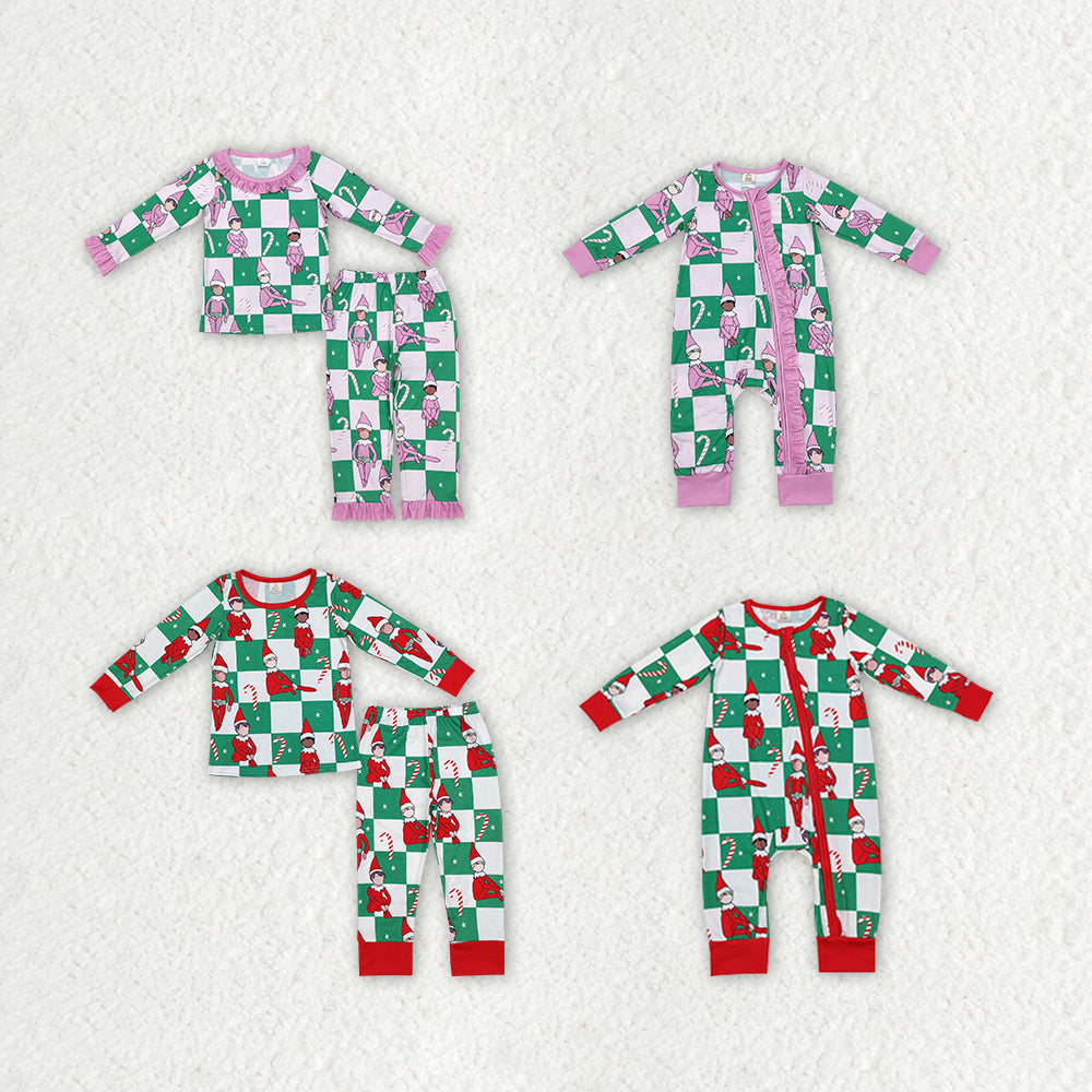 RTS NO MOQ  bamboo Green  plaid long-sleeved suit & romper with a little man wearing a Christmas hat