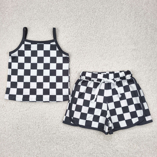 RTS NO MOQ（In Stock) GSSO2334 Black and white plaid suspender shorts set
