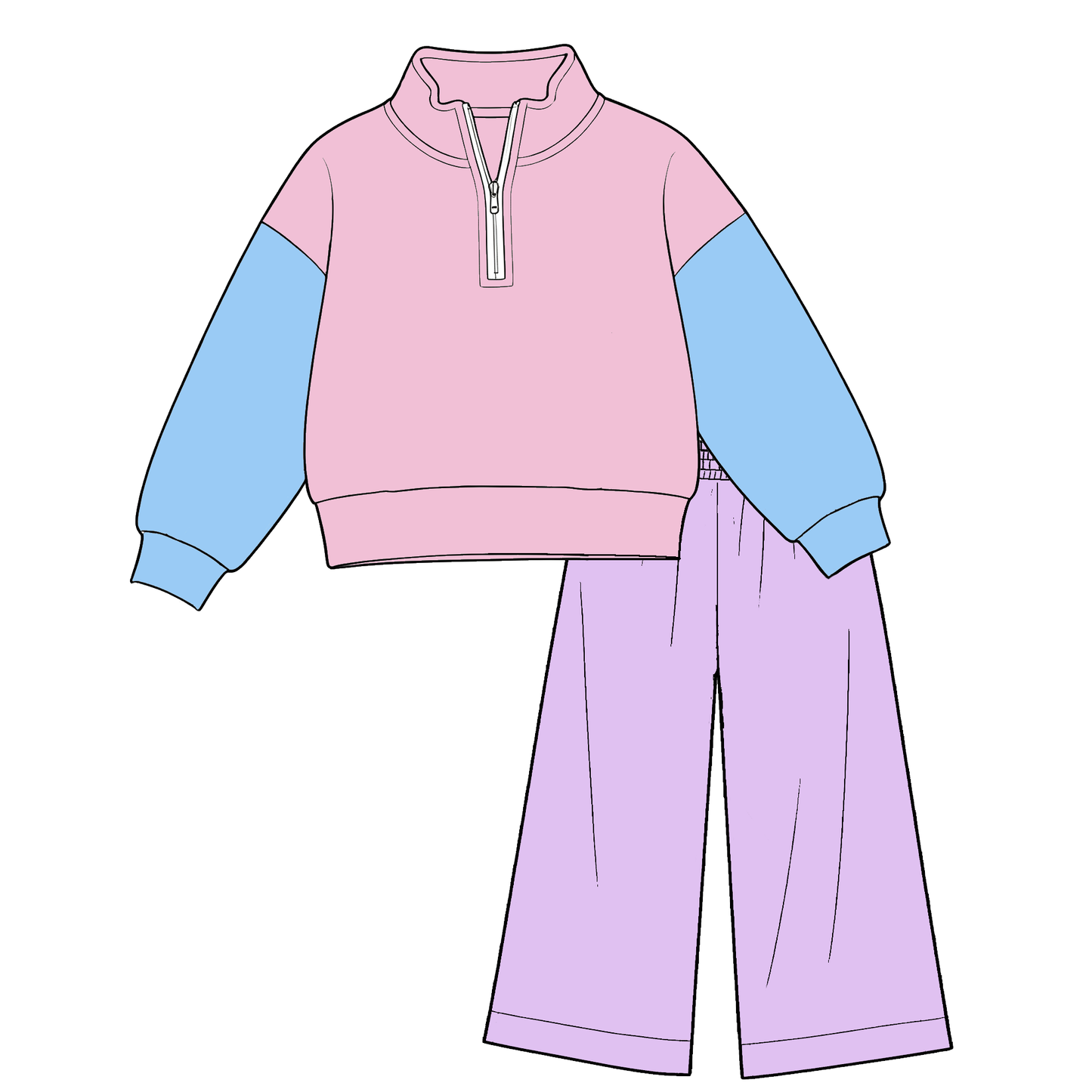 moq 3 CGSJ01 Baby Kids Color Block Half Zip Pullover Sweatshirt Wide Leg Pants Outfit Set