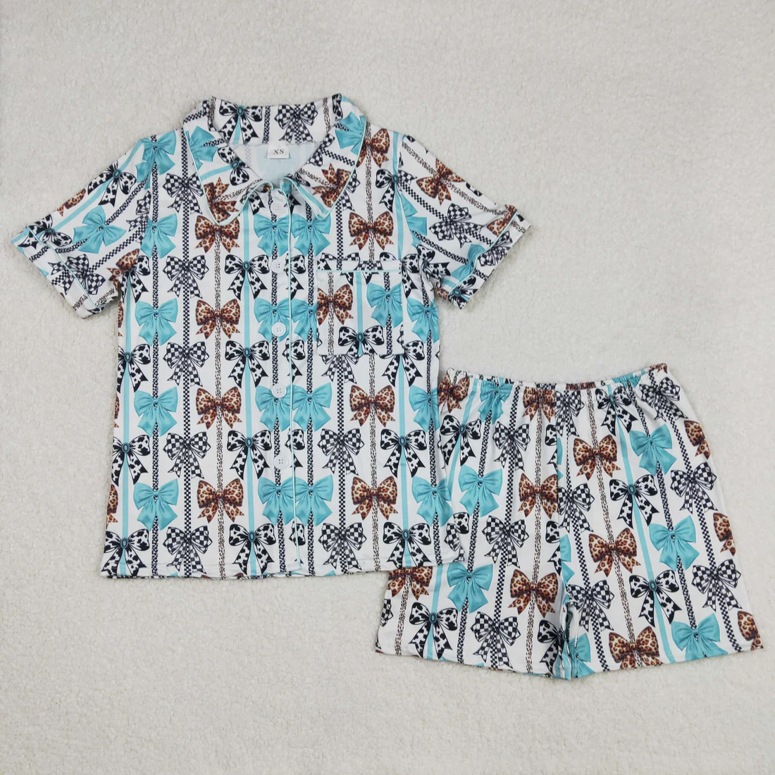 RTS NO MOQ Adult Girls Button Cardigan Short Sleeve Shorts Pajama Set: Leopard & Geometric Stripes