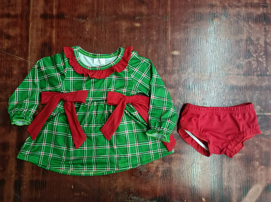 Custom moq 3 eta 6-7weeks Long Sleeve Green Plaid Bow Top-Red Thong Set
