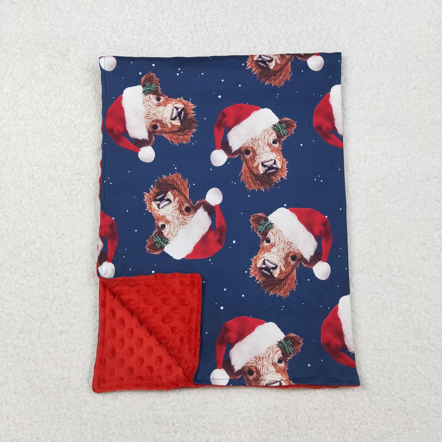 RTS NO MOQ（In Stock) BL0088 Navy blue baby blanket with red Santa hat and bull head