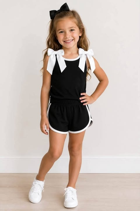 custom moq 5 mix size Baby Girls Black White Trim Bow Strap Sleeveless Tank Top And Shorts Two Piece Summer Outfit Set