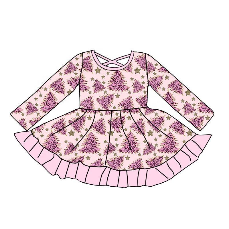 Custom moq 5 each style eta 6-7weeks baby girl clothes Christmas trees long sleeve dress-25.8.7