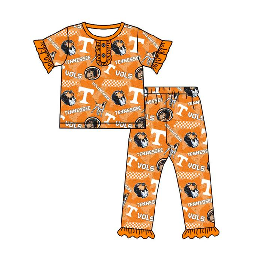 Custom summer teams baby girl clothes tea orange short sleeve pants sets-25.9.4