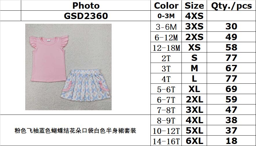 RTS NO MOQ GSD2360 Pink flying sleeves blue bow flower pocket white skirt suit
