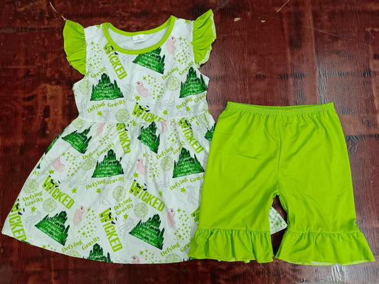 Custom moq 3 eta 6-7weeks baby girls clothes green flying sleeve shorts sets