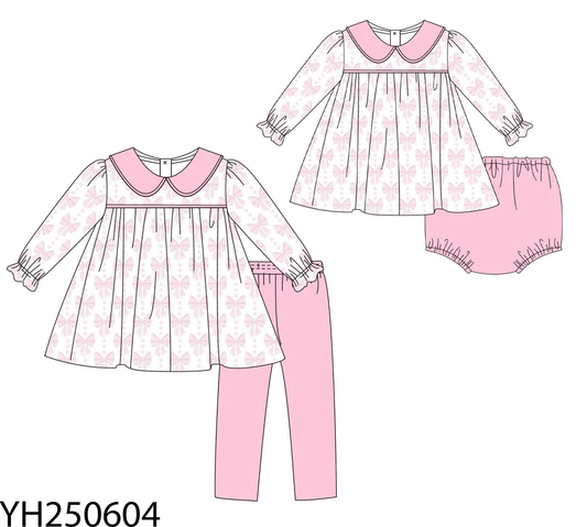 Custom moq 5 each style eta 6-7weeks baby girl clothes bow pink long sleeve pants and briefs sets