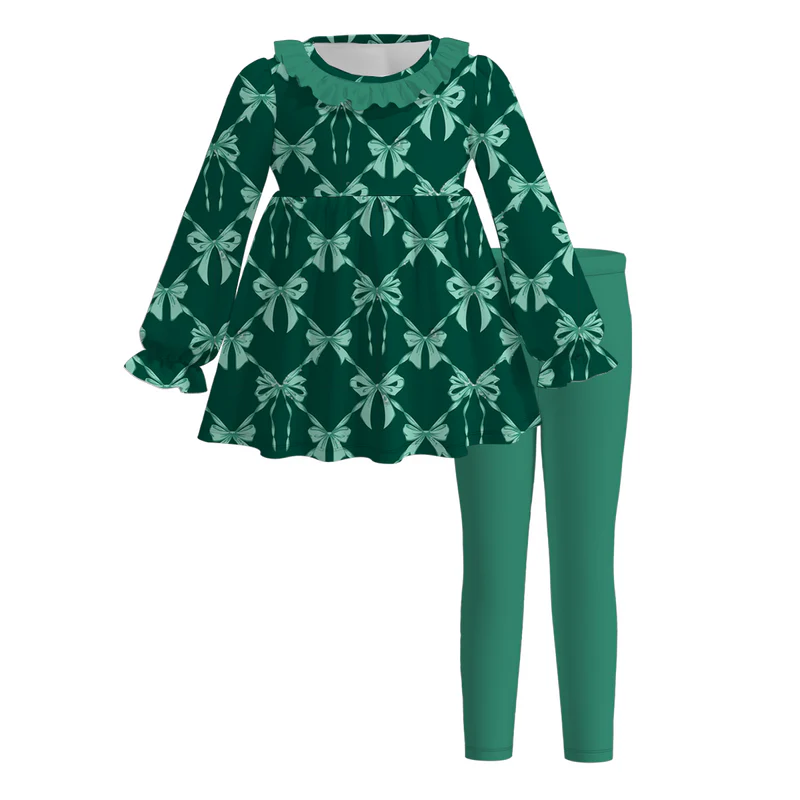 Custom moq 5 each style eta 6-7weeks baby girl bow green long sleeve pants set 1 and pants set 2 and dress and romper