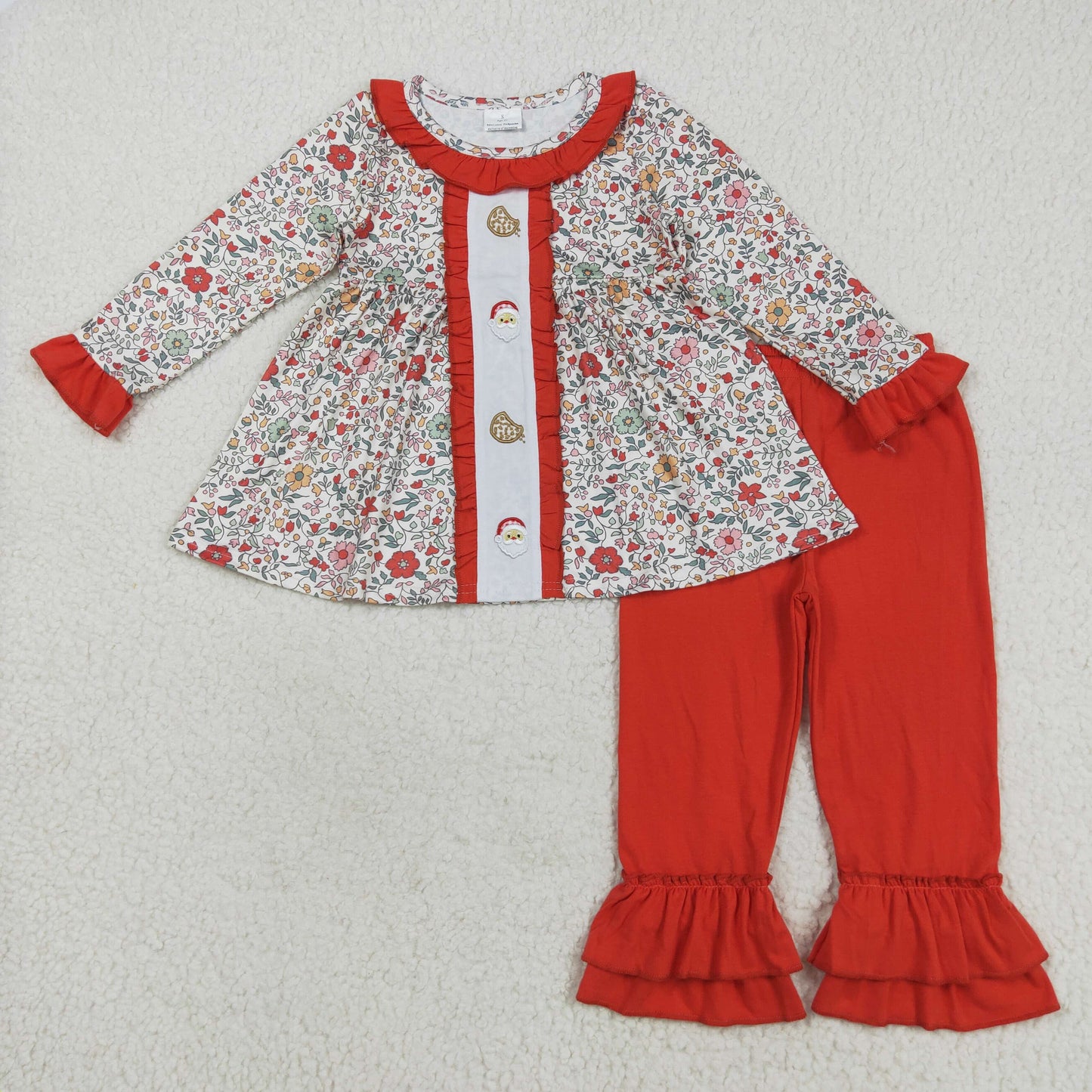 RTS NO MOQ（In Stock) GLP2365 Embroidered cookie, Santa Claus, flowers, leaves, and red lace long-sleeved pants set