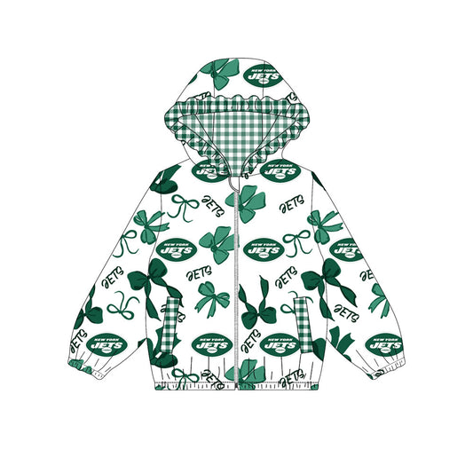 Custom moq 8 mix size milk silk summer team baby girls clothes bow green hooded long sleeve top-25.9.30