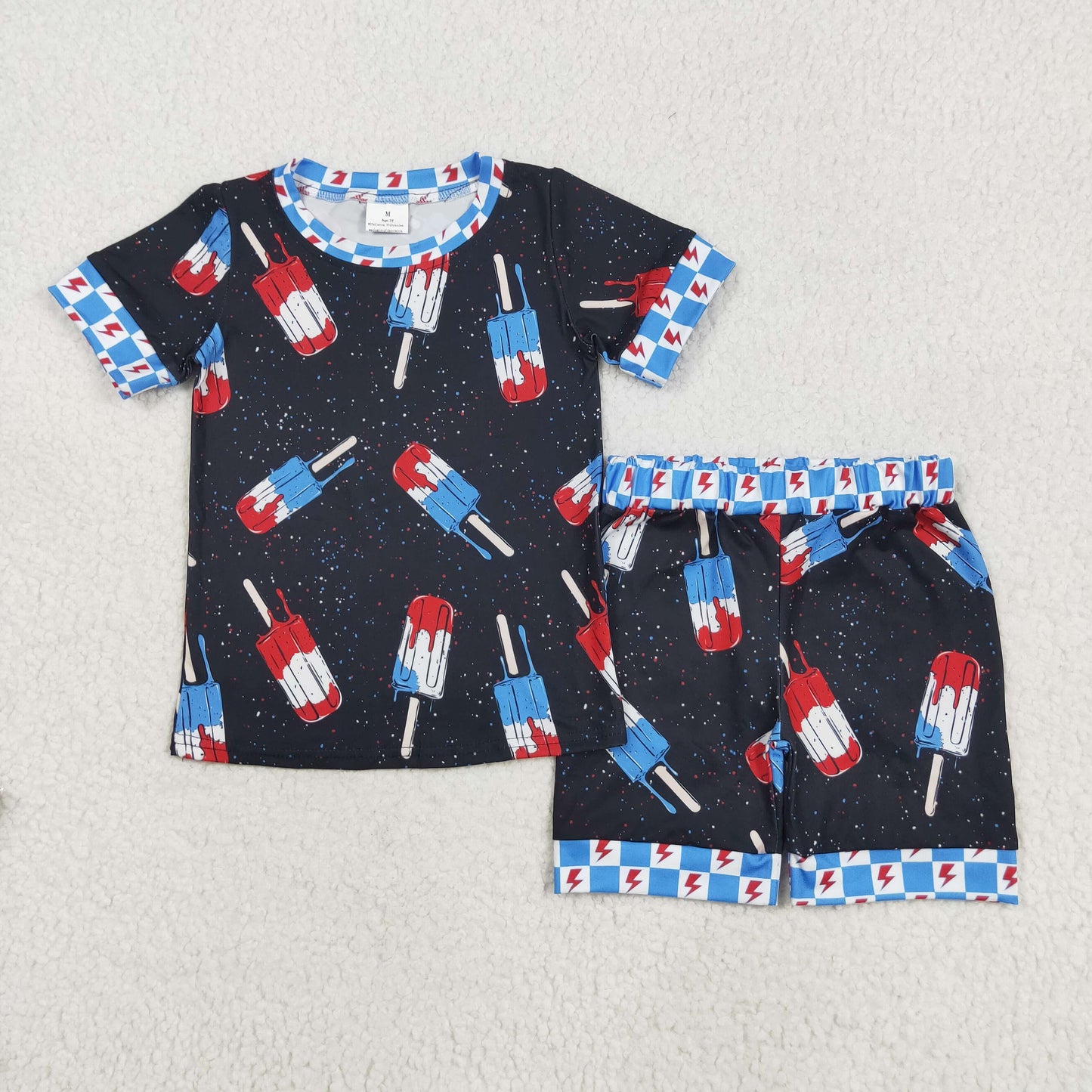 RTS NO MOQ BSSO1401 National Day popsicle lightning blue black short-sleeved shorts pajama set