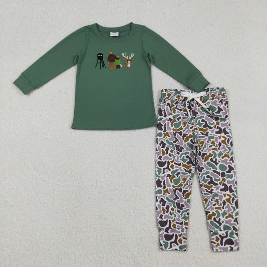 RTS NO MOQ（In Stock) Embroidered Reindeer Hunting Long-Sleeve Top Camouflage Pants set-BLP1352