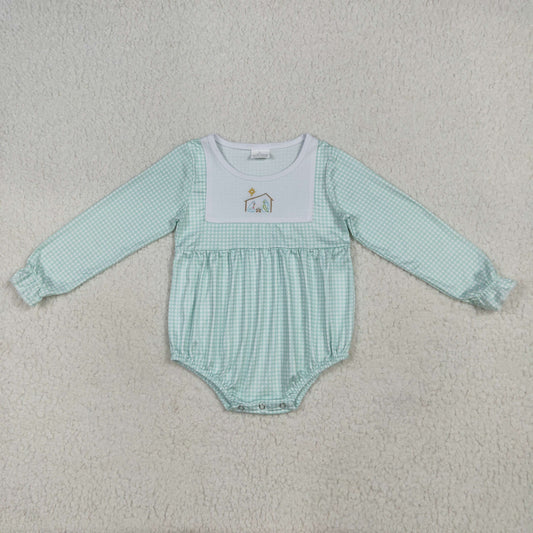 RTS NO MOQ（In Stock ) LR2265 Embroidered Christmas Jesus green plaid long-sleeved jumpsuit