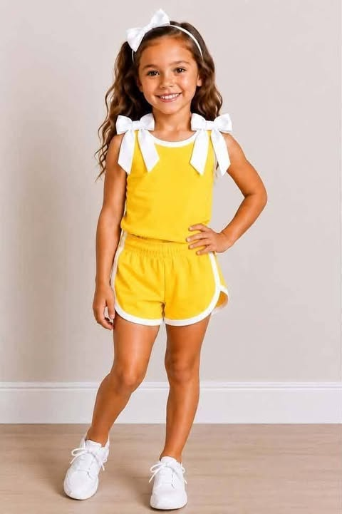 custom moq 5 mix size Baby Girls Yellow White Trim Bow Strap Sleeveless Tank Top And Shorts Two Piece Summer Outfit Set