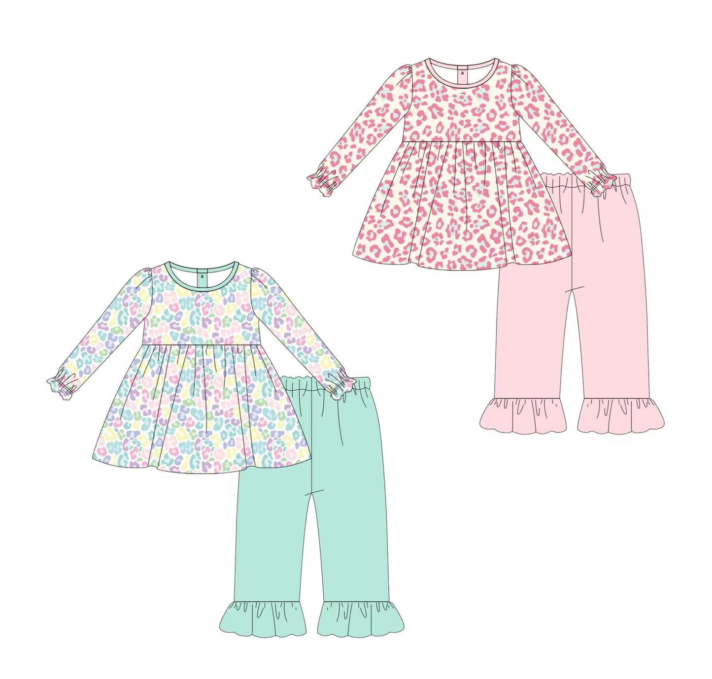 Custom moq 5 mix size milk silk summer baby girl clothes leopard sleeve pants sets 2-25.9.4