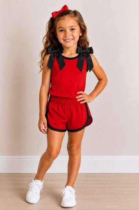 custom moq 5 mix size Baby Girls Red Black Trim Bow Strap Sleeveless Tank Top And Shorts Two Piece Summer Outfit Set