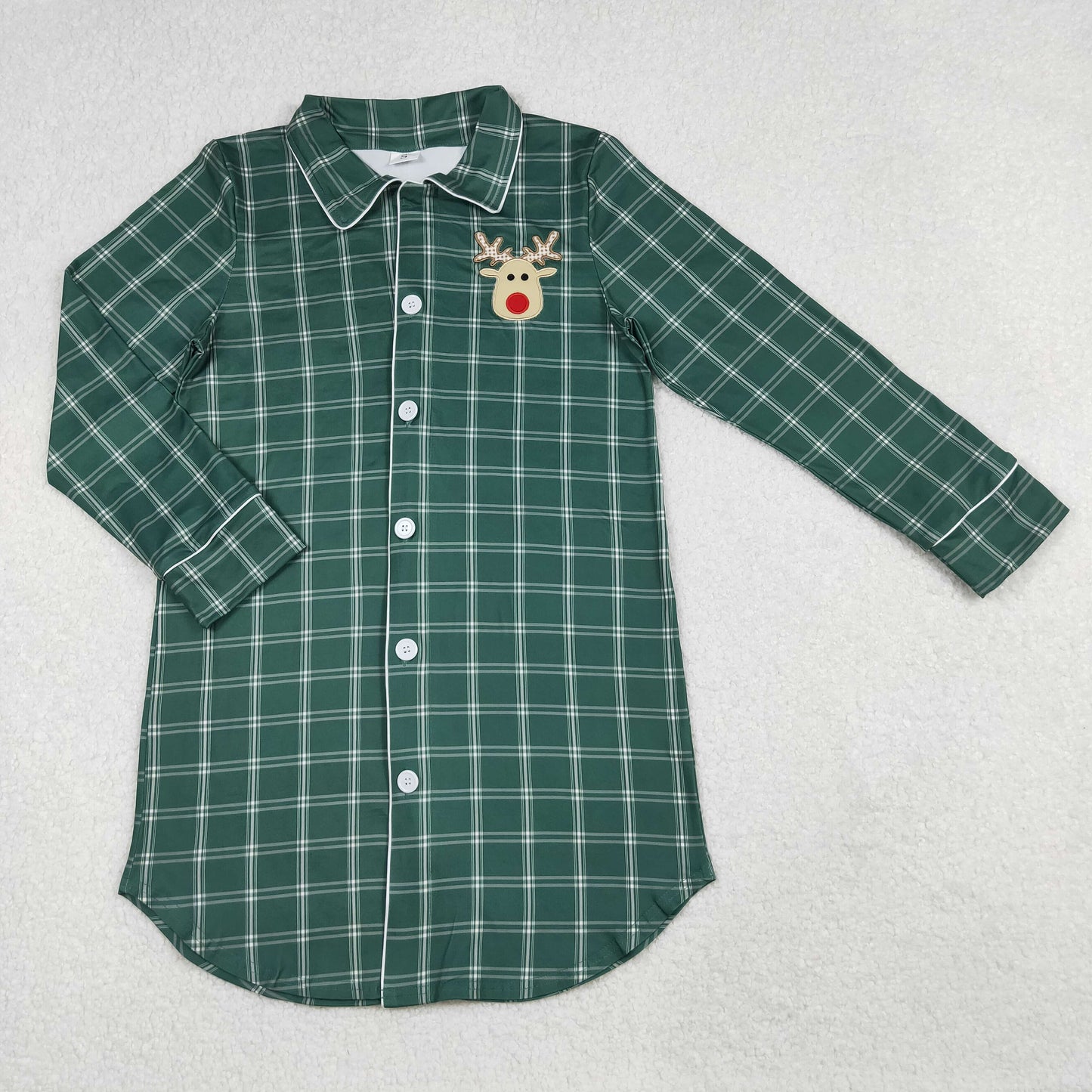 RTS NO MOQ（In Stock) GT0621 Adult women's green plaid long-sleeved top with embroidered Christmas reindeer