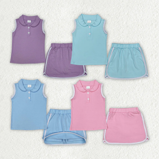 RTS NO MOQ cotton baby Girls Clothes solid color short sleeve shorts Sets